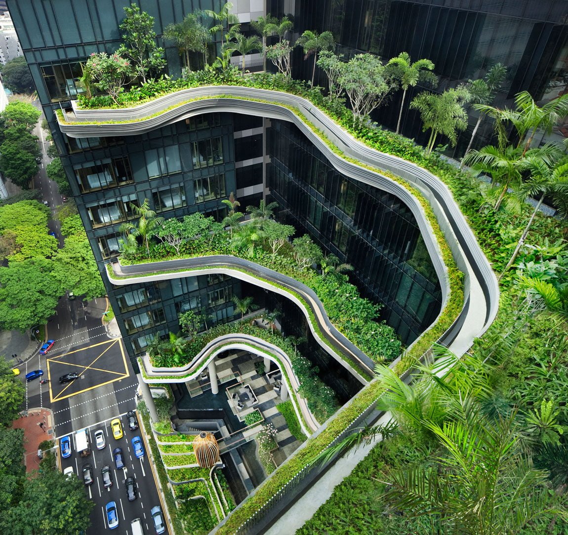 nhìn từ trên cao khách sạn được phủ xanh ở singapore