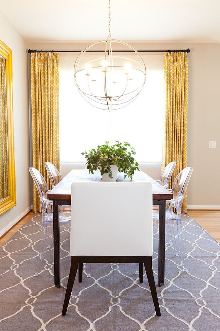 Drapes-and-rug-add-yellow-and-gray-to-the-neutral-dining-room