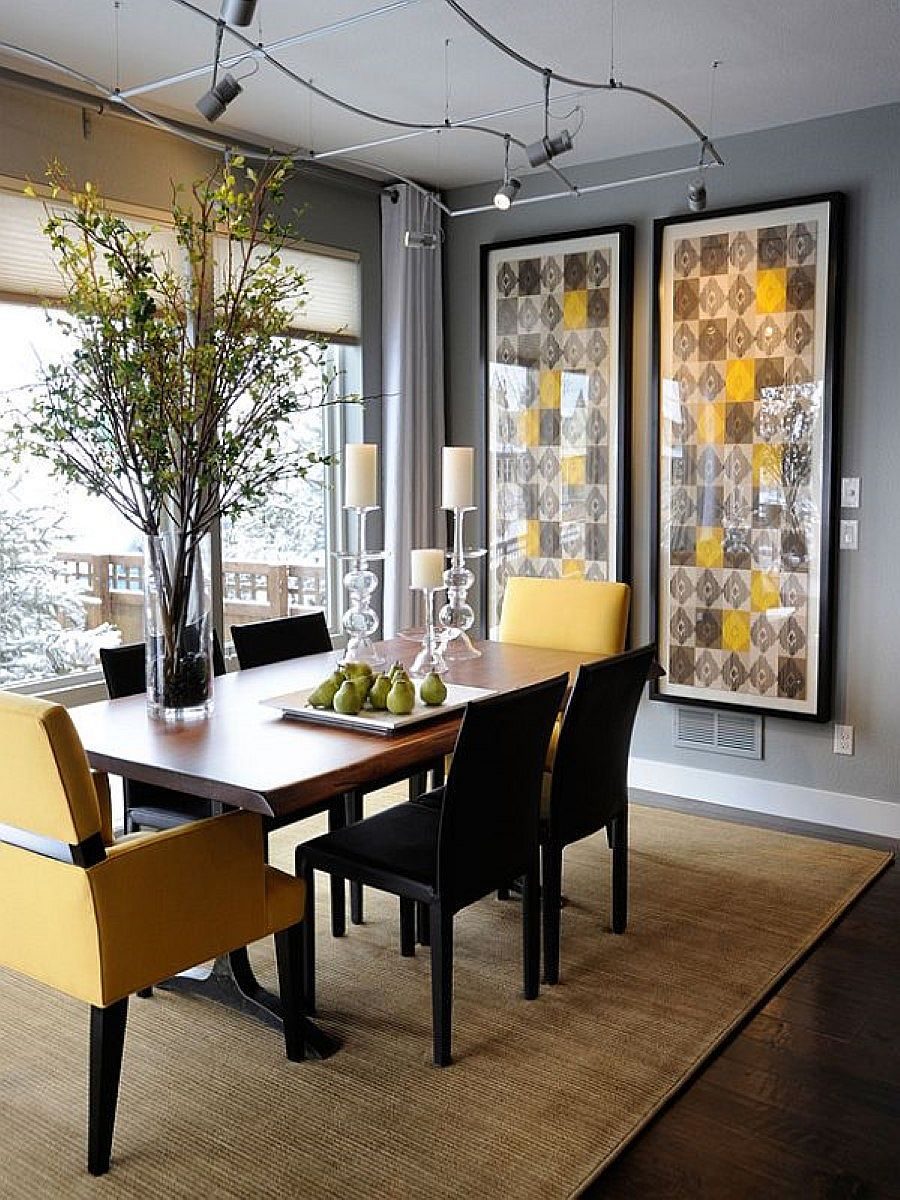 Exquisite-modern-dining-room-in-gray-with-pops-of-yellow-that-bring-liveliness