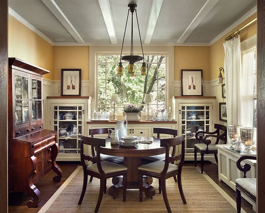 Gray-ceiling-gives-a-unique-look-to-the-transitional-dining-room