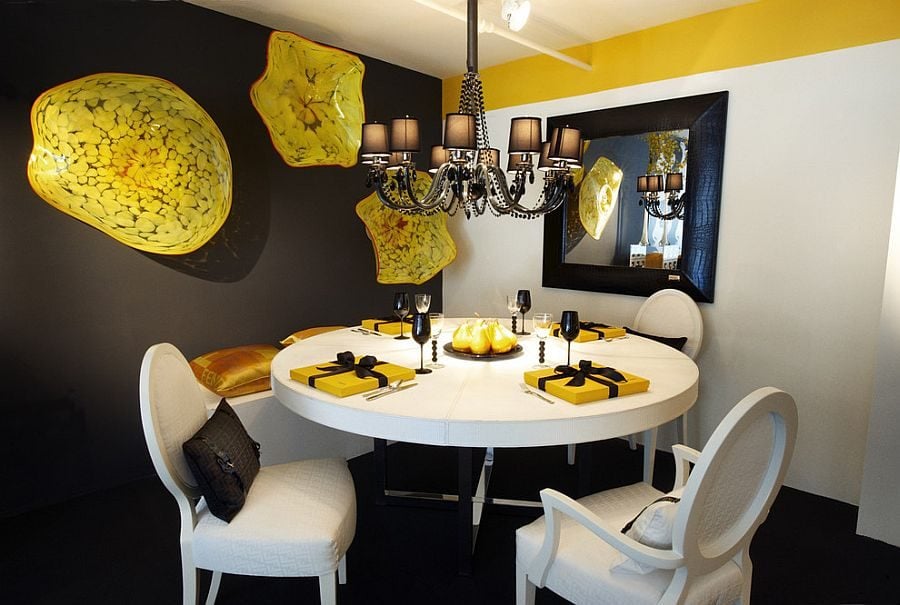 Ingenious-wall-art-adds-bright-splashes-of-yellow-to-the-gray-dining-room