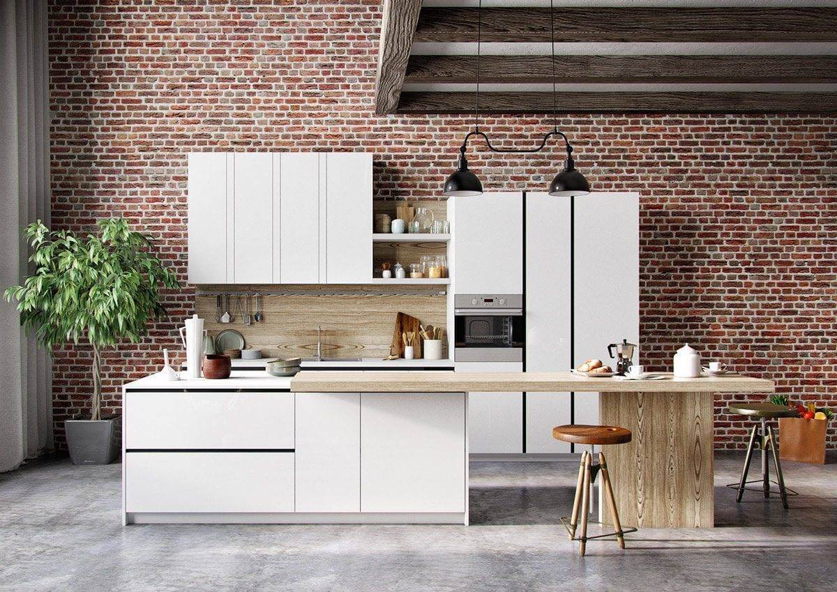 kitchen-with-red-bricks-white-cabinets-wood-backsplash